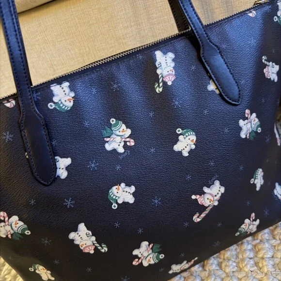 Coach Zip Top Navy Tote Bag with Snowman Print - Picture 3 of 8